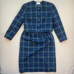 Pendleton Vintage Wool Skirt Suit Baird Tartan Plaid Blue Green Size 12 USA
